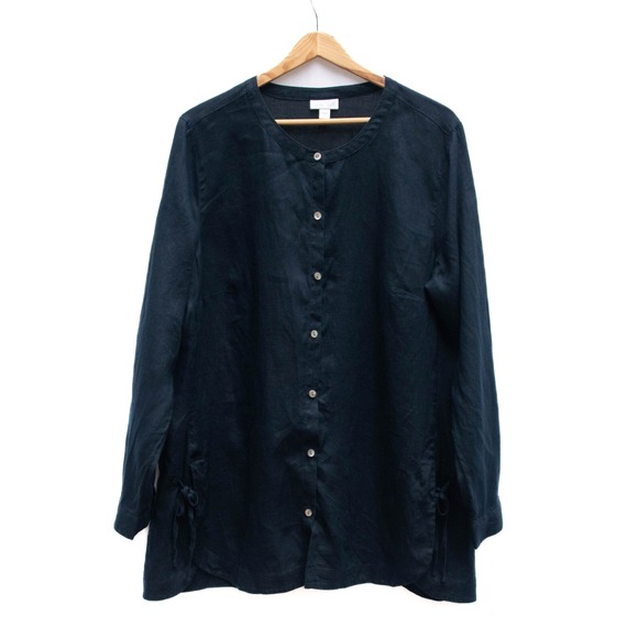 J. Jill Tops - Lagenlook Pure Linen Top Shirt Womens L Navy Relax Side‎ Ties Lightweight Lagom